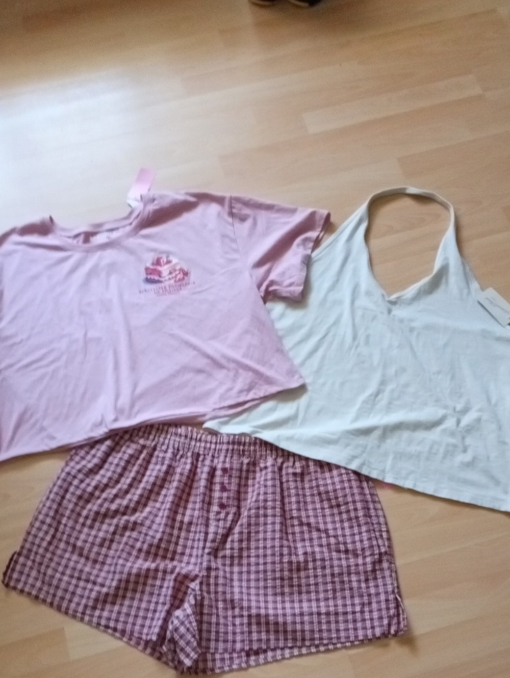 Multiples Pink Cropped Tee, Pink Checked Shorts & Cream Tank
